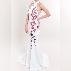 White Asymmetrical Backless Halter Gown